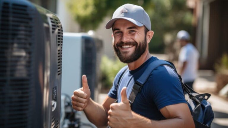 A Male electrician giving a thumbs up Air conditioner repairman working from home